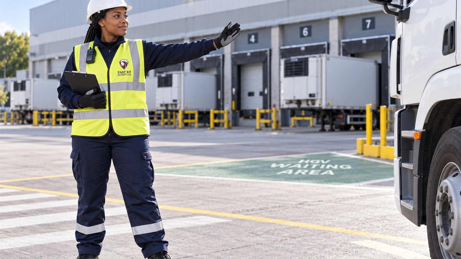 Fast K9 Security Limited traffic marshal coordinating deliveries at a retail distribution site